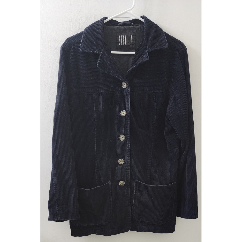 Sybilla Navy Blue Corduroy Jacket Women Medium Cotton Button Front Utility Coat